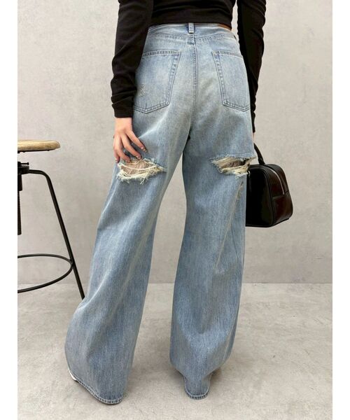 BACKスラッシュレースハイウエストワイドデニムパンツ　春服