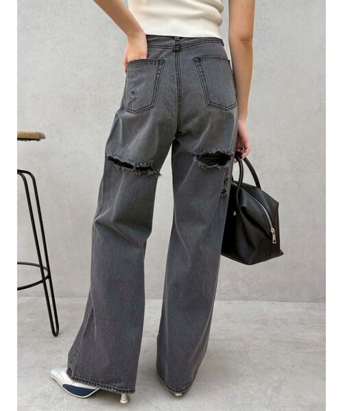 BACKスラッシュレースハイウエストワイドデニムパンツ　春服