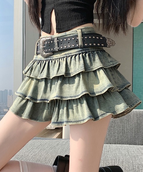 Girly Doll(ガーリードール)の「デニムティアードフリルミニスカート(スカート・レディース・ブルー・S/M/L)」の4枚目の写真