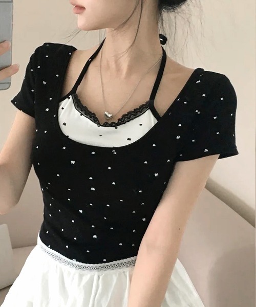 REMUR(レミュール)の「レイヤード風リボン柄Tシャツ(Tシャツ/カットソー・レディース・ブラック/グレー/ホワイト・FREE)」の1枚目の写真
