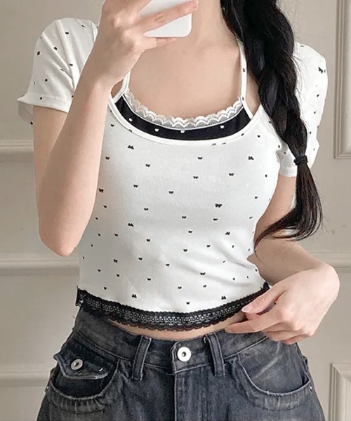 REMUR(レミュール)の「レイヤード風リボン柄Tシャツ(Tシャツ/カットソー・レディース・ブラック/グレー/ホワイト・FREE)」の6枚目の写真
