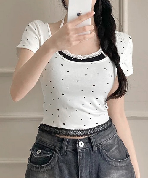 REMUR(レミュール)の「レイヤード風リボン柄Tシャツ(Tシャツ/カットソー・レディース・ブラック/グレー/ホワイト・FREE)」の8枚目の写真