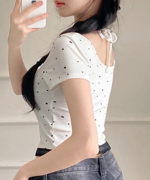 REMUR(レミュール)の「レイヤード風リボン柄Tシャツ(Tシャツ/カットソー・レディース・ブラック/グレー/ホワイト・FREE)」の9枚目の写真