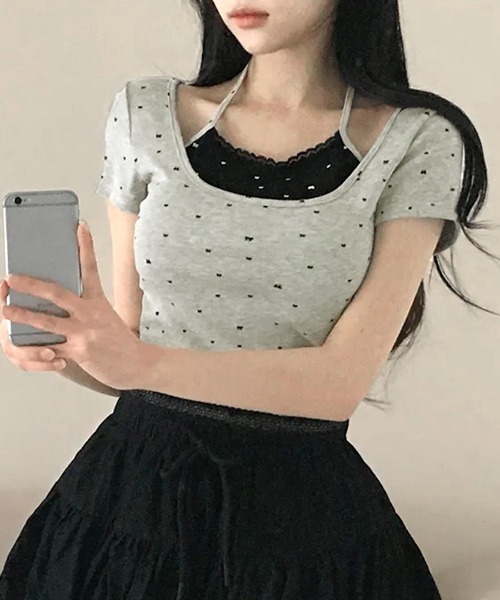 REMUR(レミュール)の「レイヤード風リボン柄Tシャツ(Tシャツ/カットソー・レディース・ブラック/グレー/ホワイト・FREE)」の17枚目の写真