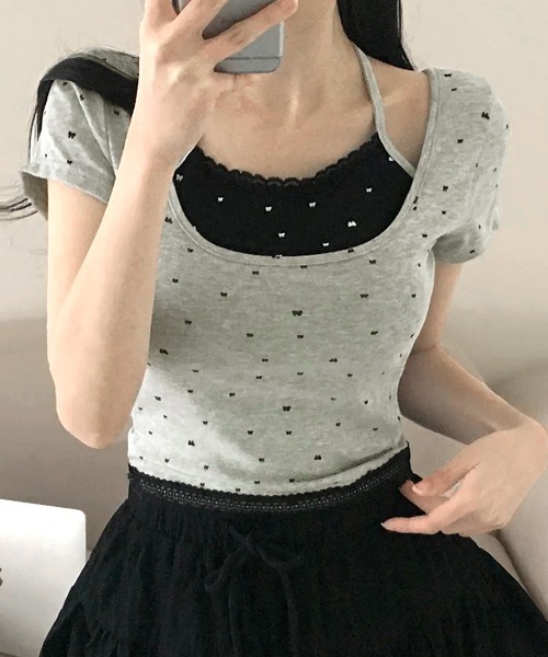 REMUR(レミュール)の「レイヤード風リボン柄Tシャツ(Tシャツ/カットソー・レディース・ブラック/グレー/ホワイト・FREE)」の18枚目の写真