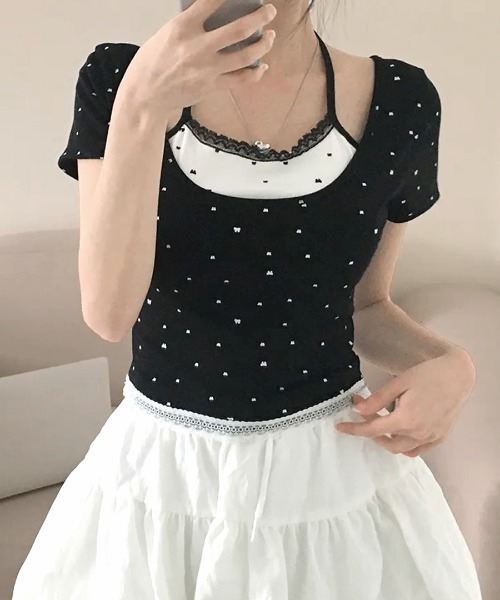 REMUR(レミュール)の「レイヤード風リボン柄Tシャツ(Tシャツ/カットソー・レディース・ブラック/グレー/ホワイト・FREE)」の11枚目の写真