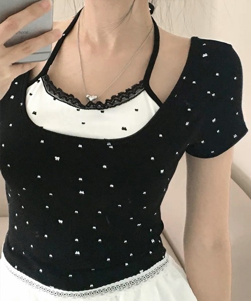 REMUR(レミュール)の「レイヤード風リボン柄Tシャツ(Tシャツ/カットソー・レディース・ブラック/グレー/ホワイト・FREE)」の12枚目の写真
