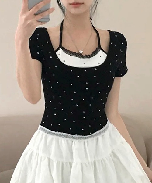 REMUR(レミュール)の「レイヤード風リボン柄Tシャツ(Tシャツ/カットソー・レディース・ブラック/グレー/ホワイト・FREE)」の13枚目の写真