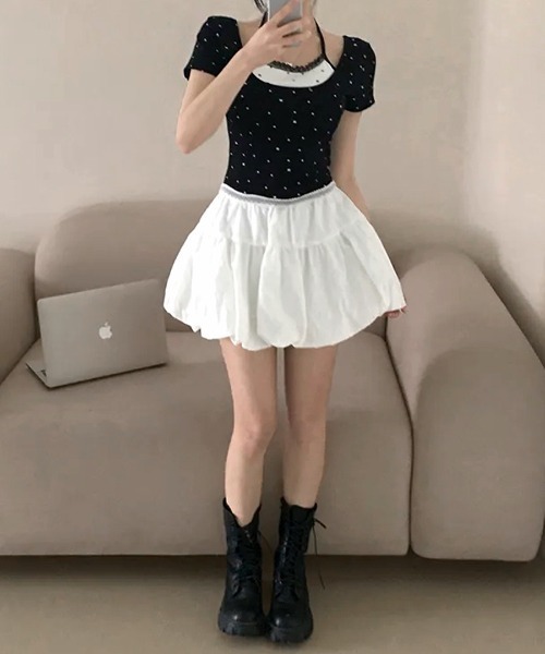 REMUR(レミュール)の「レイヤード風リボン柄Tシャツ(Tシャツ/カットソー・レディース・ブラック/グレー/ホワイト・FREE)」の14枚目の写真