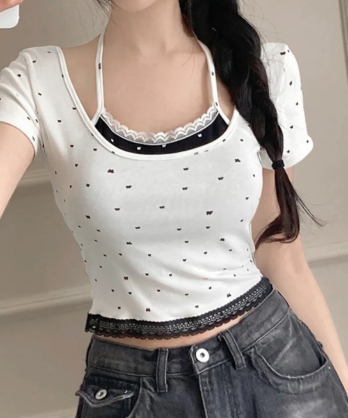 REMUR(レミュール)の「レイヤード風リボン柄Tシャツ(Tシャツ/カットソー・レディース・ブラック/グレー/ホワイト・FREE)」の4枚目の写真