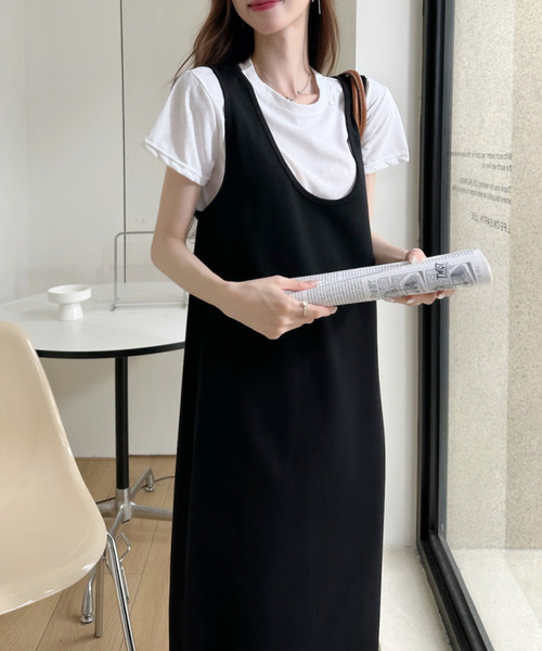 Ada.（エイダ）の「白トップス × Uネック ジャンパースカート セット（ワンピース・レディース・グレー/ブラック・FREE）」の12枚目の写真
