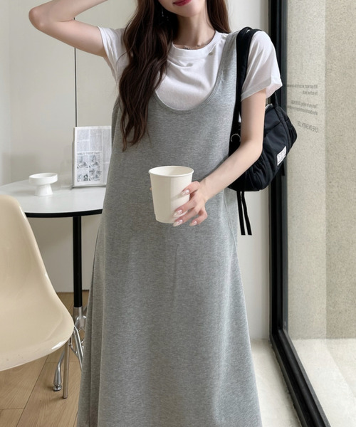 Ada.（エイダ）の「白トップス × Uネック ジャンパースカート セット（ワンピース・レディース・グレー/ブラック・FREE）」の6枚目の写真