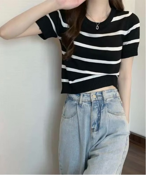 tunee（チュニー）の「レディース ショート丈ニット(BDS)（Tシャツ/カットソー・レディース・ベージュ/ネイビー/グリーン/ブラック・FREE）」の8枚目の写真