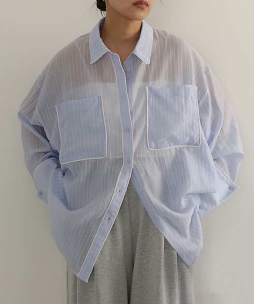 hellam(へラム)の「配色パイピング オーバーサイズシアーシャツ(Tシャツ/カットソー・レディース・ホワイト/ブルー/イエロー/ブラウン・FREE)」の19枚目の写真