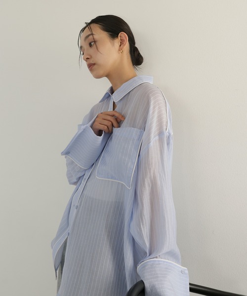 hellam(へラム)の「配色パイピング オーバーサイズシアーシャツ(Tシャツ/カットソー・レディース・ホワイト/ブルー/イエロー/ブラウン・FREE)」の20枚目の写真
