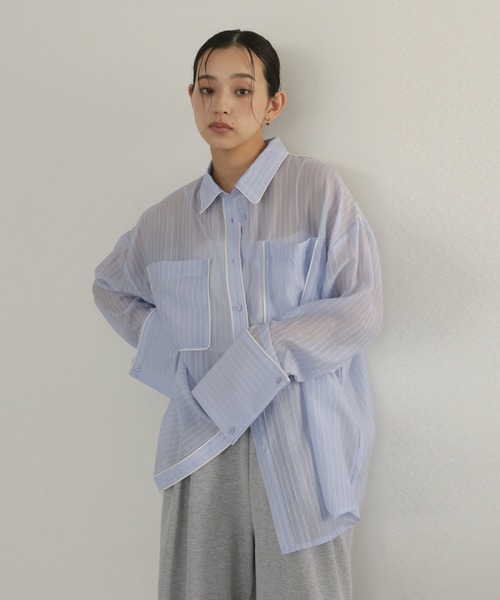 hellam(へラム)の「配色パイピング オーバーサイズシアーシャツ(Tシャツ/カットソー・レディース・ホワイト/ブルー/イエロー/ブラウン・FREE)」の12枚目の写真