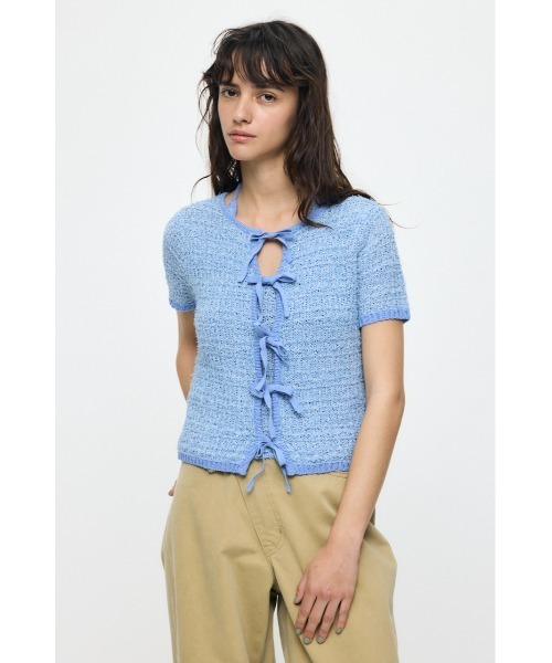 MOUSSY(マウジー)の「FRONT RIBBON KNIT カーディガン(カーディガン/ボレロ・レディース・ネイビー/ライトイエロー/ホワイト/ライトブルー・FREE)」の8枚目の写真