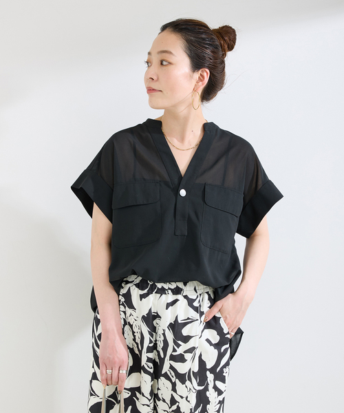B.C STOCK(ベーセーストック)の「手洗い可 / スタンドスキッパーチュニックシャツ(シャツ/ブラウス・レディース・ホワイト/ホワイト系その他/ブラック/ライトブルー・FREE)」の8枚目の写真