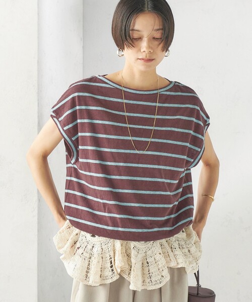 SHIPS(シップス)の「マルチ ボーダー 裾 ドロスト プルオーバー(Tシャツ/カットソー・レディース・ブラウン/ナチュラル/ベージュ系・ONE SIZE)」の2枚目の写真
