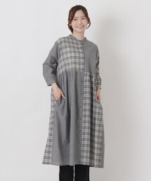 one'sterrace | チェック柄 コンビ前開き8分袖ワンピース(ワンピース)