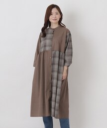 チェック柄 コンビ前開き8分袖ワンピース
