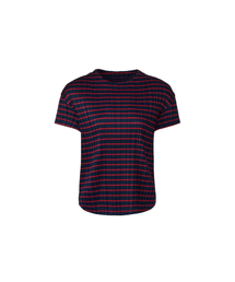 [レディース] ストライプジャージプリーツ半袖Tシャツ (レッド)