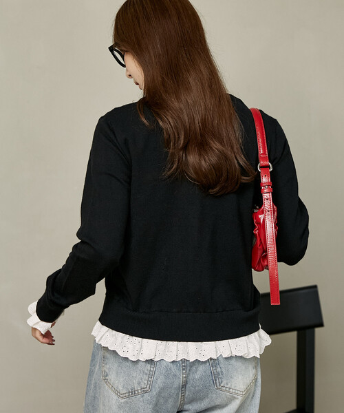 MARY QUANT(マリークワント)の「MARY QUANT × PUBLUX/マリークワント 別注 レース ドッキング ワンポイント ニット カーディガン 限定展開(カーディガン/ボレロ・レディース・ネイビー/グレー/ブラック・フリ-)」の5枚目の写真
