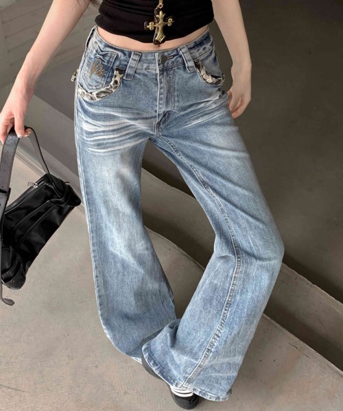 ウォッシュ加工 ヴィンテージ風 レオパード柄切替 フレアデニムパンツ