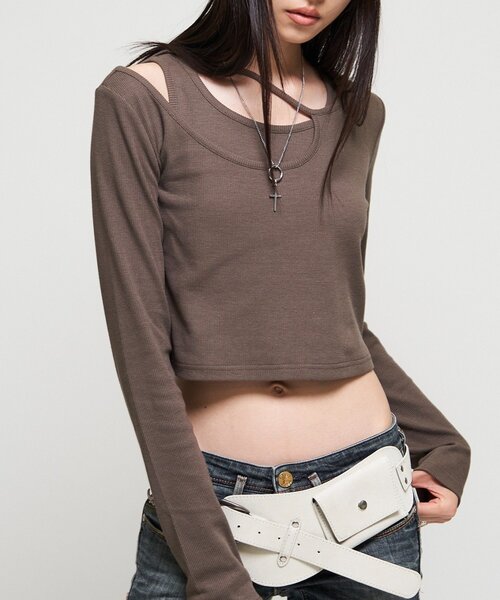 WHO'S WHO gallery(フーズフーギャラリー)の「【WEB限定】レイヤードデザイントップス(Tシャツ/カットソー・レディース・ブラック/パープル/カーキ・FREE)」の3枚目の写真