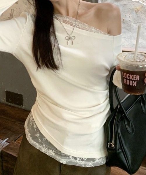 Ritzy(リッツィー)の「レース切り替え 斜めワンショルダー長袖トップス(Tシャツ/カットソー・レディース・ネイビー/ホワイト・M/L)」の7枚目の写真