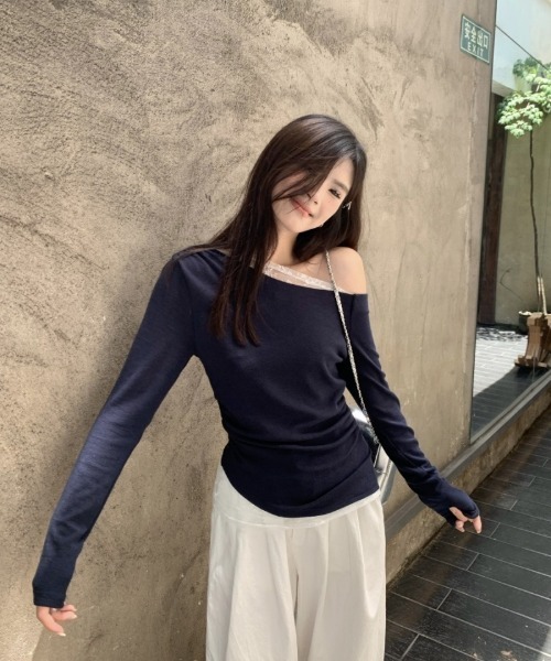Ritzy(リッツィー)の「レース切り替え 斜めワンショルダー長袖トップス(Tシャツ/カットソー・レディース・ネイビー/ホワイト・M/L)」の13枚目の写真