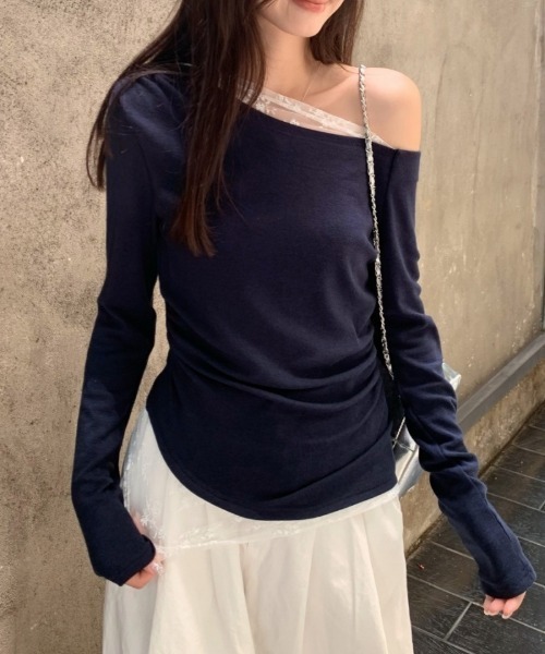 Ritzy(リッツィー)の「レース切り替え 斜めワンショルダー長袖トップス(Tシャツ/カットソー・レディース・ネイビー/ホワイト・M/L)」の14枚目の写真