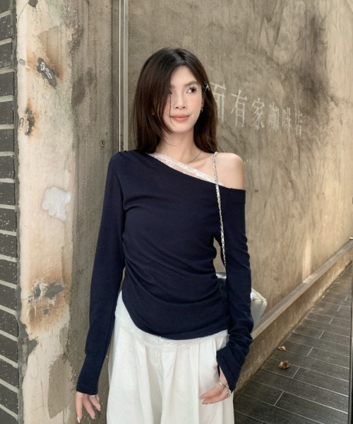 Ritzy(リッツィー)の「レース切り替え 斜めワンショルダー長袖トップス(Tシャツ/カットソー・レディース・ネイビー/ホワイト・M/L)」の20枚目の写真
