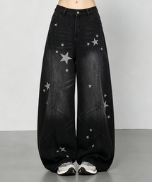 星柄プリントデニムワイドパンツ スタープリント ハイウエスト ワイドデニムパンツ