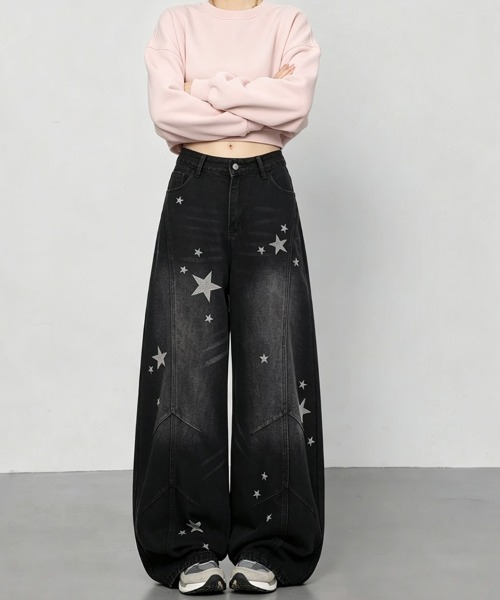 SEU（エスイーユー）の「星柄プリントデニムワイドパンツ スタープリント ハイウエスト ワイドデニムパンツ（デニムパンツ・レディース・ブルー系その他/ブラック・M/L）」の4枚目の写真