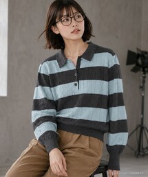 ケーブルボーダーニットポロ
