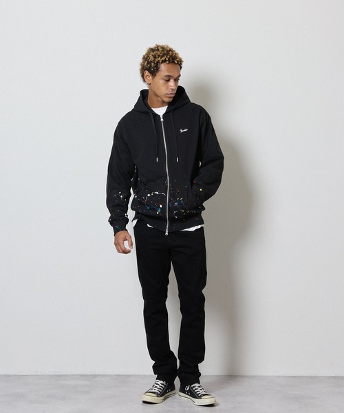HAND PAINTED FIRM COTTON LIGHT SHORT PILE FULL ZIP SWEAT HOODIE