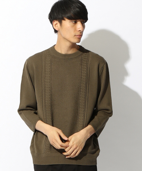 ABAHOUSE(アバハウス)の「シルケットコードリンクスニットTシャツ 7分袖(ニット/セーター・メンズ・ホワイト/カーキ/ネイビー・44/46/48)」の1枚目の写真