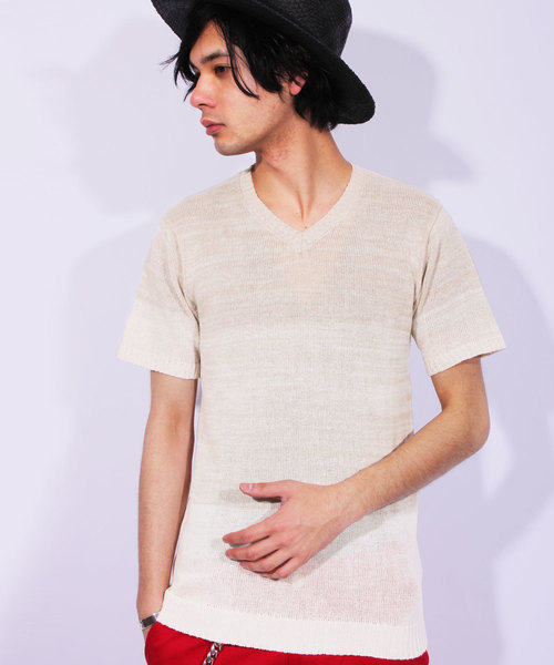 8(eight)(エイト)の「ボーダー サマーニット 半袖Tシャツ 麻 リネン(Tシャツ/カットソー・メンズ・ベージュ/ブラック/ブルー/ネイビー・LARGE/MEDIUM/X-LARGE)」の1枚目の写真