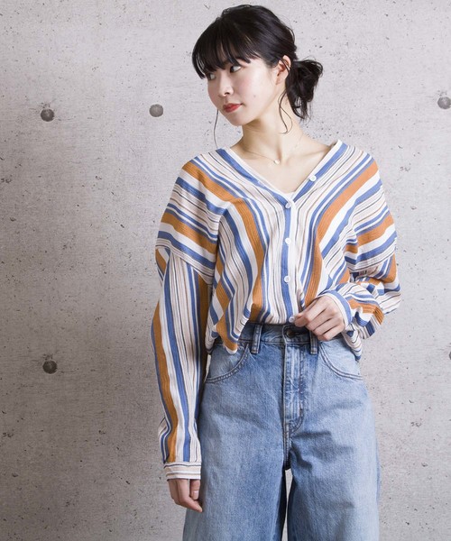 LUGG NAGG(ラグナグ)の「【Jewelobe/ ジュエローブ】 ストライプVネックシャツ(シャツ/ブラウス・レディース・ブラウン/イエロー/グリーン・FREE)」の1枚目の写真
