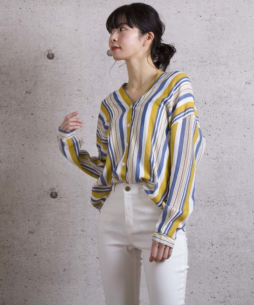 LUGG NAGG(ラグナグ)の「【Jewelobe/ ジュエローブ】 ストライプVネックシャツ(シャツ/ブラウス・レディース・ブラウン/イエロー/グリーン・FREE)」の3枚目の写真