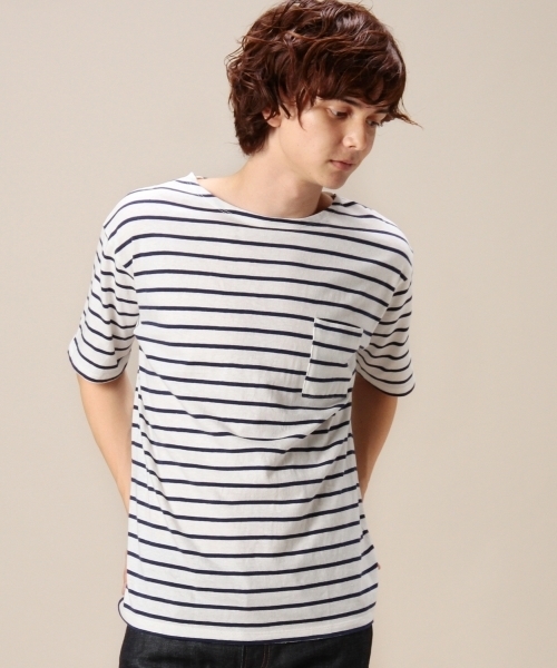 MONKEY TIME（モンキータイム）の「MT コットンリネン ボーダー ボート ショートスリーブ◆（Tシャツ/カットソー・メンズ・ホワイト/ブラック・MEDIUM/LARGE/SMALL）」の2枚目の写真