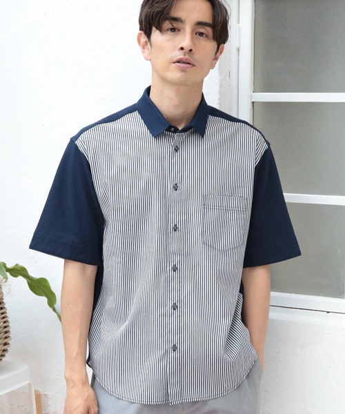 UNION STATION（ユニオンステーション）の「ストライプ×カノコ半袖シャツ（Tシャツ/カットソー・メンズ・ベージュ/ネイビー/グレー・LL/M/L）」の3枚目の写真