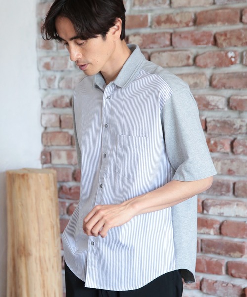 UNION STATION（ユニオンステーション）の「ストライプ×カノコ半袖シャツ（Tシャツ/カットソー・メンズ・ベージュ/ネイビー/グレー・LL/M/L）」の2枚目の写真