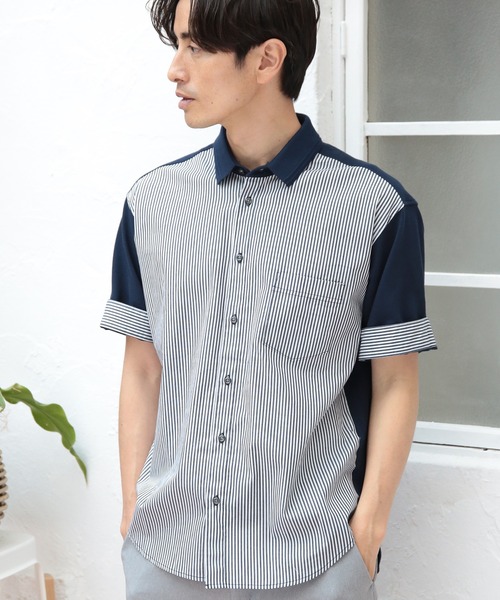 UNION STATION（ユニオンステーション）の「ストライプ×カノコ半袖シャツ（Tシャツ/カットソー・メンズ・ベージュ/ネイビー/グレー・LL/M/L）」の6枚目の写真