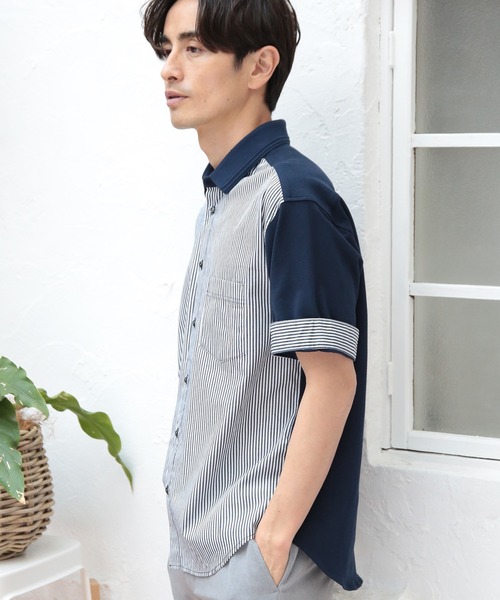 UNION STATION（ユニオンステーション）の「ストライプ×カノコ半袖シャツ（Tシャツ/カットソー・メンズ・ベージュ/ネイビー/グレー・LL/M/L）」の4枚目の写真