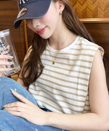 綿100%天竺.無地&ボーダーショルダータックノースリーブTシャツ