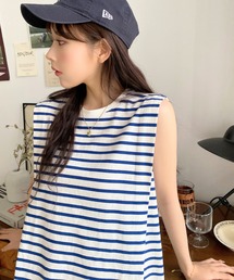 綿100%天竺.無地&ボーダーショルダータックノースリーブTシャツ