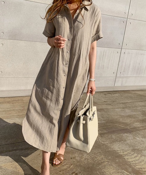 Dream garden(ドリームガーデン)の「綿麻 開襟シャツワンピース(シャツワンピース・レディース・ホワイト/ブラック/ベージュ・M/L/S/XL)」の10枚目の写真