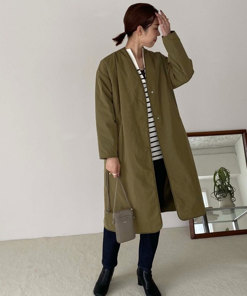 Doux archives蓄熱中綿シームレスノーカラーコート 